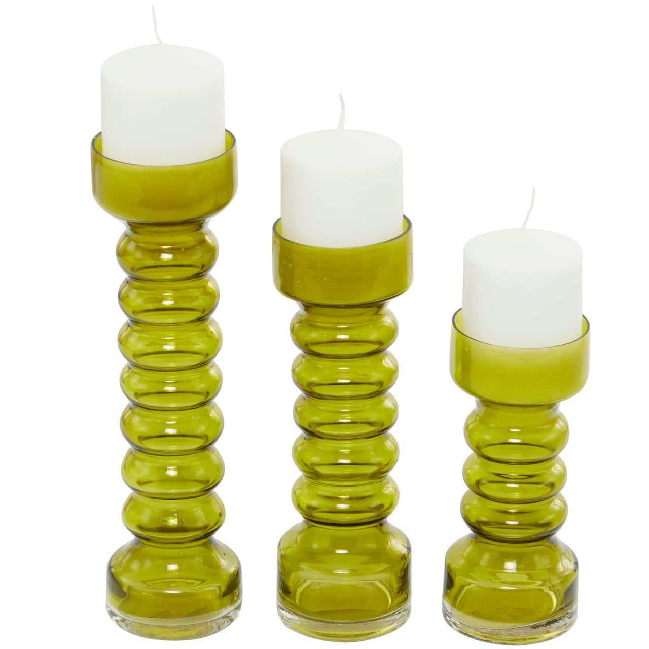 Green Glass Bubble Pillar Candle Holder Set